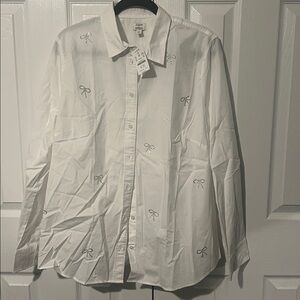 NWT J. Crew White Button Down Shirt with Rhinestone Bow Embellishments Size XXL